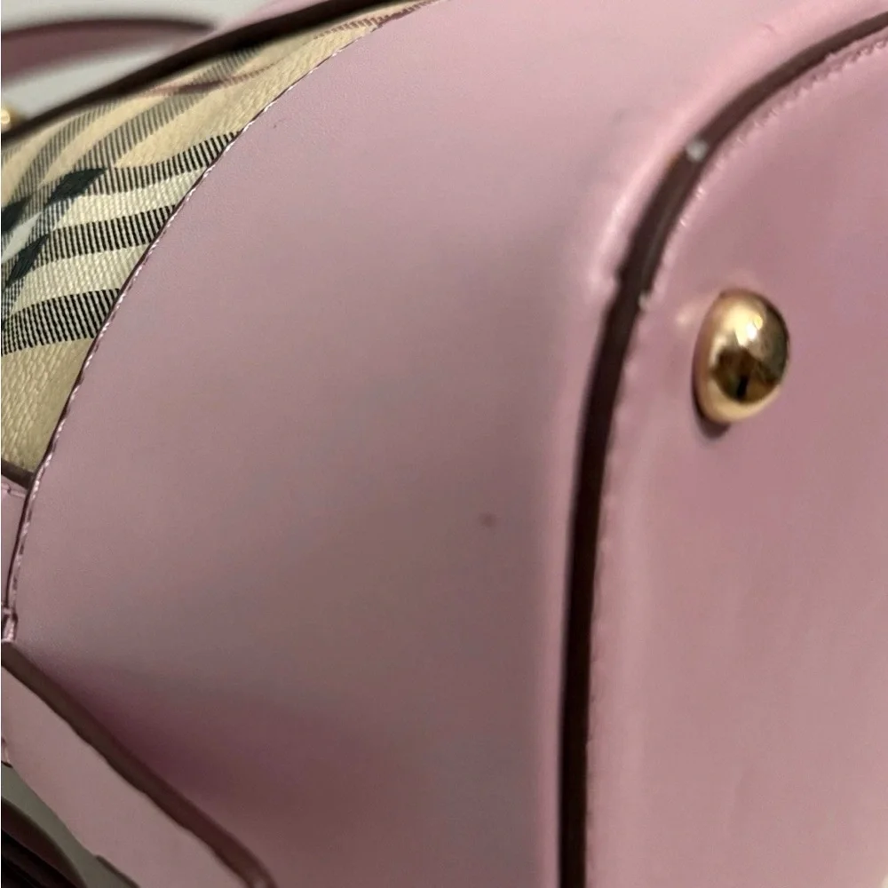 Plaid Dome Satchel Shoulder Bag Coated Canvas Pink Faux Leather Trim